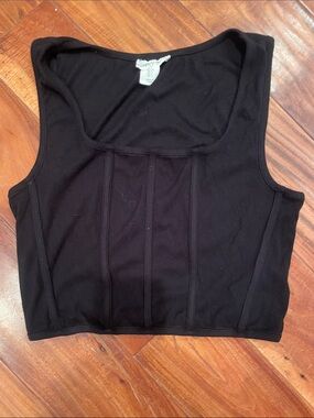 Black Ribbed Square-Neck Crop Top with Seamed Detail